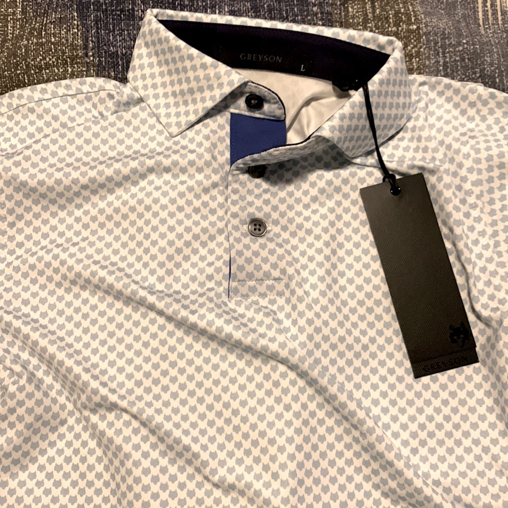 Boys Greyson Blue Graphic Polo with Royal Blue alternate button down collar